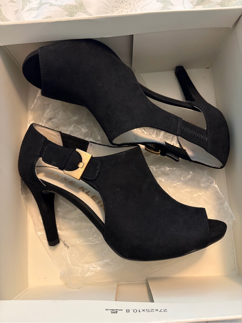 Anne Klein Black Open-Toe Suede Heel with Gold Buckle